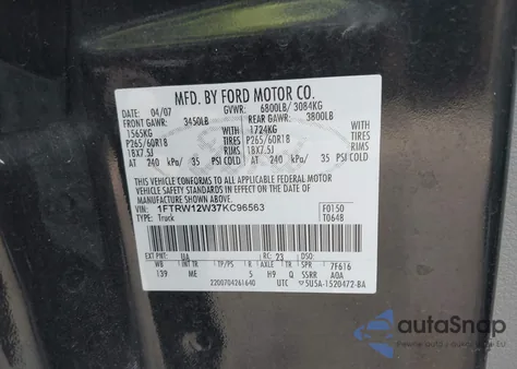 2007 Ford F-150 Xlt из США, поврежденный, VIN 1FTRW12W37KC96563